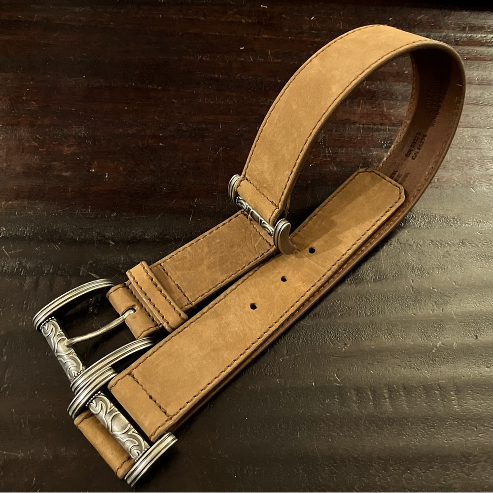 Liz Claiborne Tan Suede Leather & Silver-tone Metal Belt with Scrollwork detail